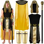 Leumoi 6 Pcs Halloween Men Adult Egyptian Pharaoh Costume Cosplay Set, Egypt Pharaoh Hat Cuffs Cobra Cane Belt Tunic Shawl (Medium)