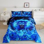 Lion Kids Comforter Set Queen Size,Rose Flowers Romantic Valentine's Day Bedding Set,Boys Men Room Decor,Wild Animals Lightning Flash Down Comforter,Blue Fashion Duvet Insert,2 Pillowcases