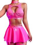 Alrovetoney Women Garter Lingerie Set Underwired 6 Pieces Bra and Panty Set Strappy Cut Out with PU Skirts Choker Pink XL