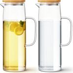 PrimeWorld 2 Pack Glass Pitchers with Lid and Handle,1.1 LTR Each Clear Water Pitcher Glass Carafe for Fridge, Iced Tea Pitcher for Drinks Cold and Hot, Easy Clean Juice Jug, BPA Free, Heat Resistant