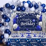 Blue Birthday Decorations for Men, Happy Birthday Decorations for Men Women Boy Party Decoration Backdrop & Tablecloth Balloons Arch Kit Blue Silver Confetti Balloons Foil Fringe Curtains Table Cover