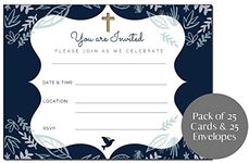 Elcer 25 Religious Invitations Boys & Girls Navy Blue & Gold | Fill in Blank Cards Invites Holy First Communion Baptism Confirmation Christening Reconciliation | 25 ct with envelopes | 5" x 7"