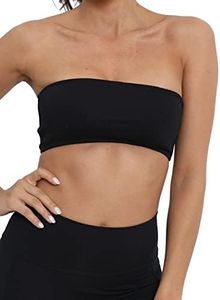 MISSACTIVER Women's Padded Strapless Bandeau Sport Bra Solid Sleeveless Wireless Support Bralette Crop Tube Top Yoga Fitness, Black, Large