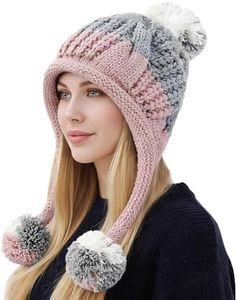 HUAMULAN Women Winter Sherpa Beanie Hats Knit Ear Flaps Peruvian Cover Ears Warm Fleece Lined Ski Snow Hat with 3 Pompom