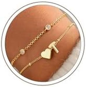 Turandoss Initial Bracelets for Mom Daughter - Layered Heart 14K Gold Plated Letter T Charm Bracelet, Birthday Gifts for Girls, Dainty Jewelry