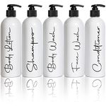 Alora - Set of 5 - Reusable Shampoo and Conditioner Bottles -16oz Pump Bottle Dispenser for Shampoo, Conditioner, Body Wash, Face Wash, Lotion - Empty Refillable Containers for Shower Permanent Labels