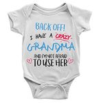 Kickass Tees Back Off I Have A Crazy Grandma Babygrow 3-6m White Funny Joke New Baby Gift Birthday