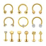 JSDDE 12pcs 16G Stainless Steel Nose Rings Stud Earring Horseshoe Hoop Nose Ring Septum Lip Tragus Earrings Cartilage Helix Body Piercing Jewelry Gold