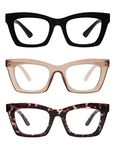 3 Pack Trendy Oversized Blue Light Stylish Readers for Women,Retro Square Cute Sturdy Computer Womens Reading Glasses AM6042 Black+Brown+Purple Tortoise 1.75