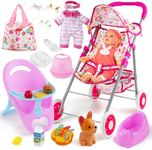 seppacio Baby Doll Stroller Toys Set with 12.5" Doll for 3-7 Girls, Foldable Stroller, Dining Chair, Accessories & 1 Outfits,Pretend Play Baby Doll Toys for Girls Ages 3-7