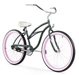 Firmstrong Urban Lady Single Speed 26" Beach Cruiser Bicycle, Army Green/Pink Rims w/White Seat