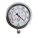 "Ji" Japsin Instrumentation Vacuum Gauge, Economical Glycerin-filled, Dial Size 4" (100 mm), SS Case and Internals, Range -760 mmHg to 0 with Dual Scale of -30 Inhg to 0, Direct Mounting Bottom Entry