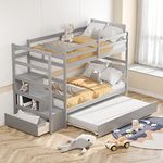 Giantex Twin Over Twin Bunk Bed with Trundle and Storage Stairs, Solid Wood Bunk Bed Convertible 3 Bed Frames for Bedroom Dorm, Versatile Bunk Beds for Kids Teens Adults, No Box Spring Needed, Grey