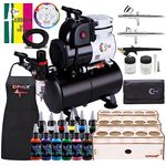 OPHIR Professional 3X Airbrush Kit & 3L Air Compressor Tank with 12 Colors Set Acrylic Paint, Colorwheel & Wooden Paint Rack for Model Hobby Crafts Painting, Pressure Up To 86PSI