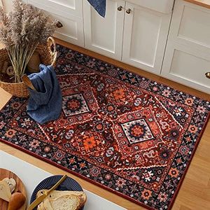 Beeiva Vintage Entryway Rug, 2x3 Washable Rug Non-Slip Indoor Mats for Entryway, Oriental Soft Small Area Rug Low-Pile Floor Carpet for Entrance, Kitchen, Bedroom, Bathroom (Red/Multi, 2x3ft)