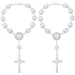 Sibba 2 Pieces Car Rosary Mirror Rearview Mirror Hanging Accessories Auto Rosary with Cross Blessing Rosary Religious Catholic Beads Car Medal for Mirror Interior Truck Motorcycle Decors (Silver)