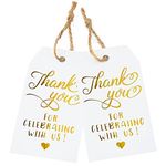 joycraft 100Pcs Thank You for Celebrating with us Gift Tags with String, High-end Gold Foil Paper Hangtags, Personalized Gift Tags for DIY Craft, Baby Showers, Wedding and Birthdays (2.75"x1.57")