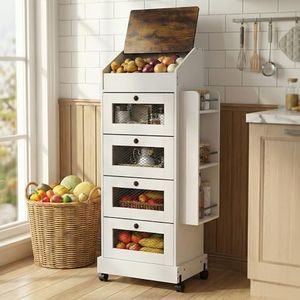 ARTETHYS Potato and Onion Storage Bin for Pantry 5-Tier Rolling Fruit and Vegetable Organizer with Spice Rack on Wheels Movable Large Bread Box Cabinet with 4 Ventilated Drawers for Kitchen, White
