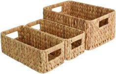 StorageWorks Water Hyacinth Storage Baskets, Square Wicker Baskets with Built-in Handles, Hand-Woven Baskets for Bedroom, Bathroom, Pantry, Shelves, Set of 3 (1PC Large, 2PCS Medium)