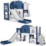 Garvee Toddler Slide 8in1 Indoor Outdoor Playset Age1-3 Blue | Baby Playset for Indoor Outdoor Playground with Climber, Crawling Tunnel, Basketball Hoop, Telescope, Toy Storage