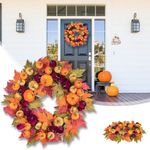 24 Inch Autumn Pumpkin Front Door Wreath, Autumn Home Decor, Farmhouse Front Porch Fireplace Wall Hanging, Halloween Thanksgiving Wedding Decoration Gift