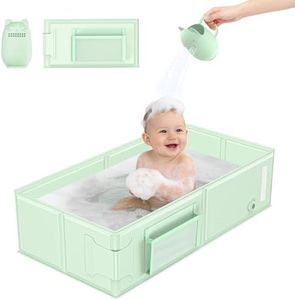 YomauiYee Baby Bathtub Green, Converts Shower to Tub, Foldable Toddler Tub with Rinse Cup, No Assembly Easy to Clean, Portable Collapsible Bath Tub for 6M-5Y, Travel Camping Hotel