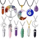 XIANNVXI 11Pcs Crystal Necklace for Women Men Amethyst Crystals Rose Quartz Obsidian Chakra Necklace Evil Eye Necklace Moon Sun Tree of Life Vintage Wiccan Boho Jewelry Pendants Mothers Day Gifts