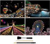 Rainbow Scratch Art Painting Paper (A4) for Kids & Adults, DIY Night View Scratchboard Set: 4 Sheets Scratch Cards & Drawing Pen, Clean Brush (Cinque Terre / Windmill / Hot Air Balloon / Ferris Wheel)