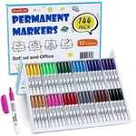 Shuttle Art 144 Pack Permanent Markers, Permanent Marker Assorted Colors, 12 Bright Colors Fine Point Permanent Markers For Kids and Adult Coloring on Wood, Stone, Glass as Office, School Supplies
