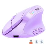 MEETION Ergonomic Mouse, Wireless Mouse, Bluetooth Vertical Rechargeable Mice, 4 Adjustable DPI 800-2400, Bluetooth 5.2+5.2+USB Mouse for Windows/Mac, for Laptop/PC/Desktop/Computer/iPad Purple