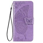 WBWONE Leather Flip Cover for ZTE Blade A54 Case, Butterfly Embossing Magnetic Closure Protection Shell Bumper Wallet with [Card Slots]& [Kickstand]. Light Purple