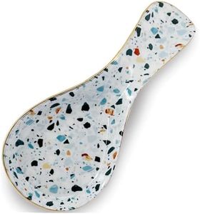 LEAZUL Ceramic Large Spoon Rest for Stove Top Spoon Holder Farmhouse Spoon Rest for Kitchen Counter Blue Terrazzo Marble Print Coffee Cooking Utensil Tools Rest Modern Kitchen Decor