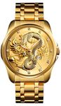 Gosasa Men Boy Luxury Gold Chinese Dragon Carved Dial Diamond Quartz Analog Watch Casual Waterproof Sport Stainless Steel Wristwatch, Gold, Chinese Dragon Carved Dial