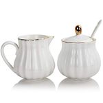 Sweejar Royal Ceramic Sugar and Creamer Set, 3 Piece Set with Cream Pitcher, Sugar Bowl, Sugar Set with Lid & Spoon, Coffee Serving Set Wedding Gift(White)