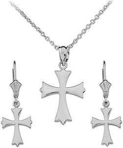 Religious Jewelry Roman Cross Pendant Necklace and Earring Set in Polished 925 Sterling Silver, 22"