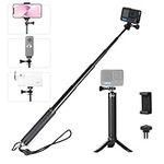 HSU Extendable Selfie Stick for GoPro, Aluminum Handle Grip with Mini Tripod for Hero 12/11/10/9/8/7/6/5/4/3 and other Action Cameras