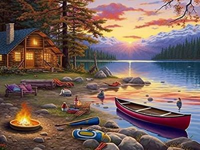 SKRYUIE 5D Sunset Lake Cabin Boat Diamond Painting Kits - DIY Diamond Art Kits for Adults Landscape, Full Round Drill - Crystal Cross Stitch - Adults Craft for Wall & Office Decor - 12x16 inch