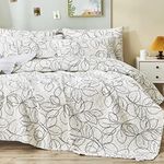 Tache Modern Abstract Floral Leaf Minimalist Line Art White Black Grey Gold Reversible Quilted Bedspread Coverlet Set, Full