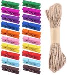 Mardatt 101Pcs Mini Wooden Clothespins with 10M/32 Feet Natural Twine, Colorful Clothes Pins Wooden Clips Paper Peg Pin Craft Clips for Crafts Photo Picture Hanging(Colorful)