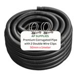 50mm x 1meter Flexible Pond Hose Corrugated Pipe with 2 Clips - Double-Wired Hose Clips for Pond Pumps, Filters, Drainage – Corrugated Water Butt Connector Pipe - Black