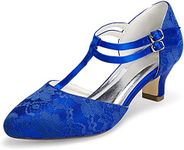 JIAJIA 00968 Women's Bridal Shoes Closed Toe T-Strap 1.9" Block Low Heel Lace Satin Pumps Wedding Shoes Colour Blue,Size 7.5 B(M) US/38 EU