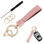 Amabro Leather Car Keychain, Universal Car Keyring Holder with Diamond Anti-lost D-Ring 360 Degree Rotatable Car Key Fob with Screwdriver for Men Women Keyrings Car Accessories Family Present(Pink)