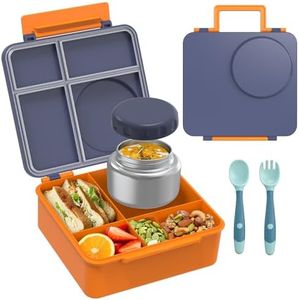 Bento Lunch Box Set for Kids with 8oz Soup Thermo, Leak-Proof Lunch Containers with 4 Compartment, Thermo Hot Insulated Food Jar and Foldable Fork Spoon, for Kids to School (Navy Blue)