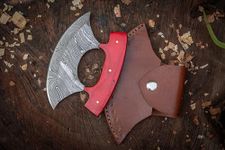 Damascus Chef Kitchen Ulu Knife Chef Knife Heavy Duty Damascus Handle Koa Wood with Leather Sheath (Red)