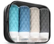 4 Pack Travel Bottles for Toiletries with Labels, 100 ml Silicone Travel Bottles Set with Clear Zipper Toiletry Bag, Leakproof Refillable Squeeze Travel Size Containers for Shampoo Conditioner