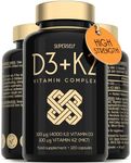 Vitamin D3 K2 Capsules - High Strength Vitamin D Tablets - 4000 IU Vitamin D & 100mcg VIT K MK7- UK Made Vegetarian D3 and K2 Vitamin Supplement for Strong Bones, Teeth, Immune System - 120 Capsules