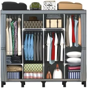 PSHUN RIGH Portable Closet Storage Box, No Tools Required, Large Capacity,Simple Wardrobe with Multiple Shelves and 4 Hanging Spaces, Width 66.9inch,Gray