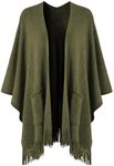 Ferand Women's Shawl Wraps with Pockets Open Front Fringe Poncho Cozy Knit Lightweight Cardigan Sweater, Army green