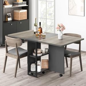 Alkmaar Folding Dining Table with Drop Leaf and 2 Storage Racks-Ideal for Small Spaces，Versatile Collapsible Extension Dinner Kitchen Office Desk Table, Foldable Extendable Space Saving Furniture