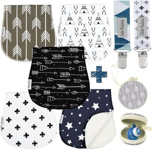 Dodo Babies 5-Pack Baby Burp Cloths – Soft, Absorbent Cotton Burp Cloths – includes Pacifier Case and 2 Pacifier Clips – Colors: Blue, Grey and Black